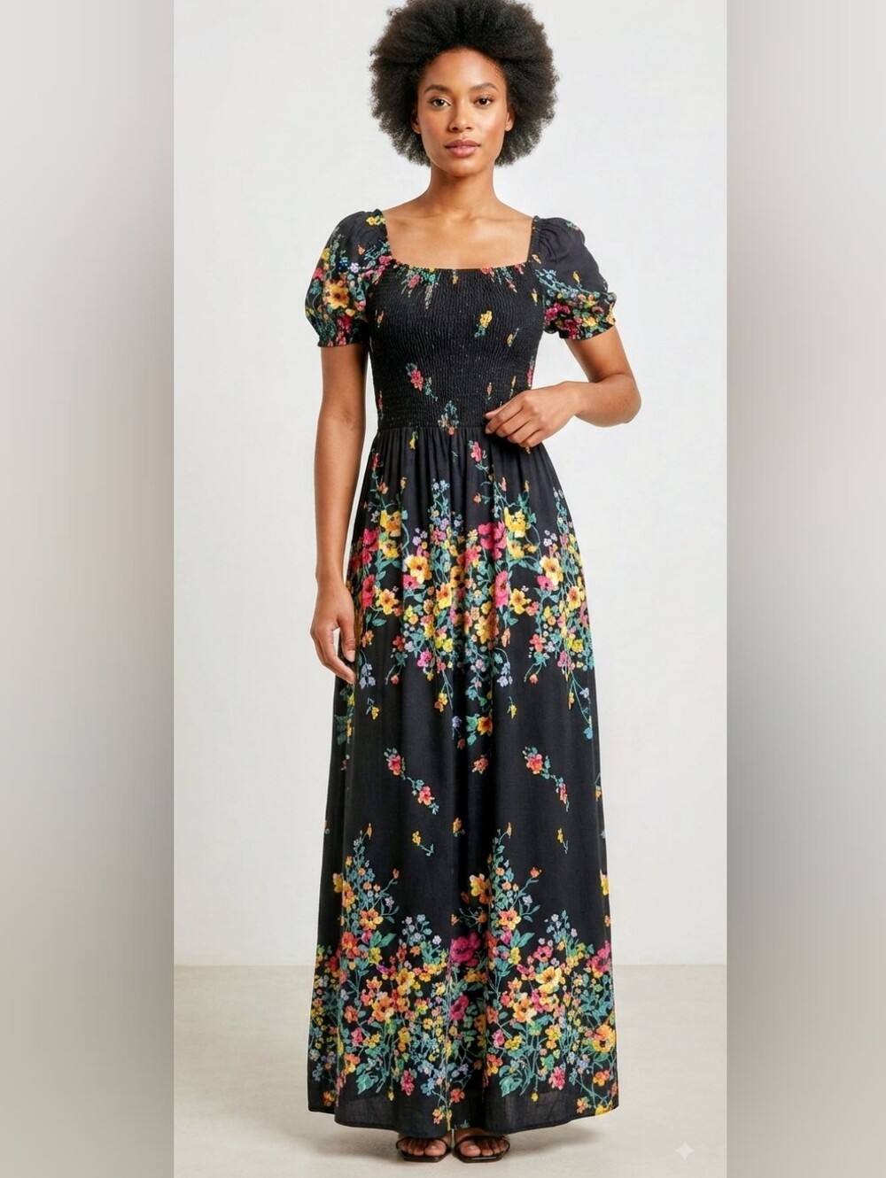 Utter Fashion Black Floral Smocked Maxi Dress Size S M Like New